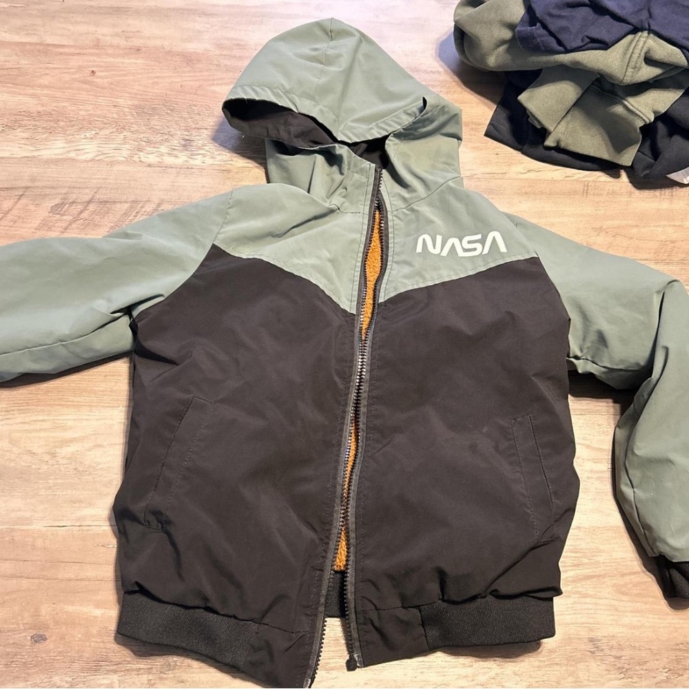 NASA Kids Hooded Raincoat Jacket in Olive Green and Black